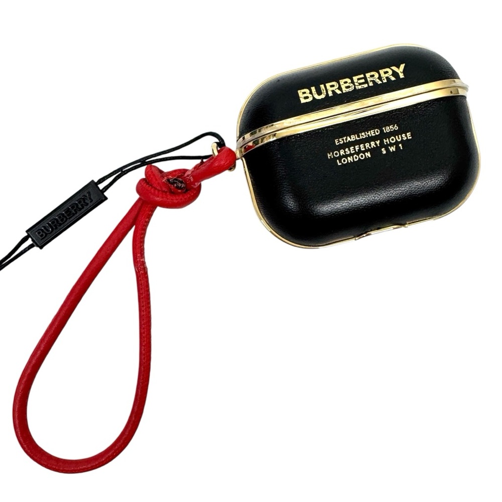 BURBERRY Lambskin Horseferry Logo Print Airpods Pro Case NEW Black Gold